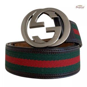 Authentic Gucci Web Canvas Brown Leather Silver Interlocking G Buckle Belt 85/34